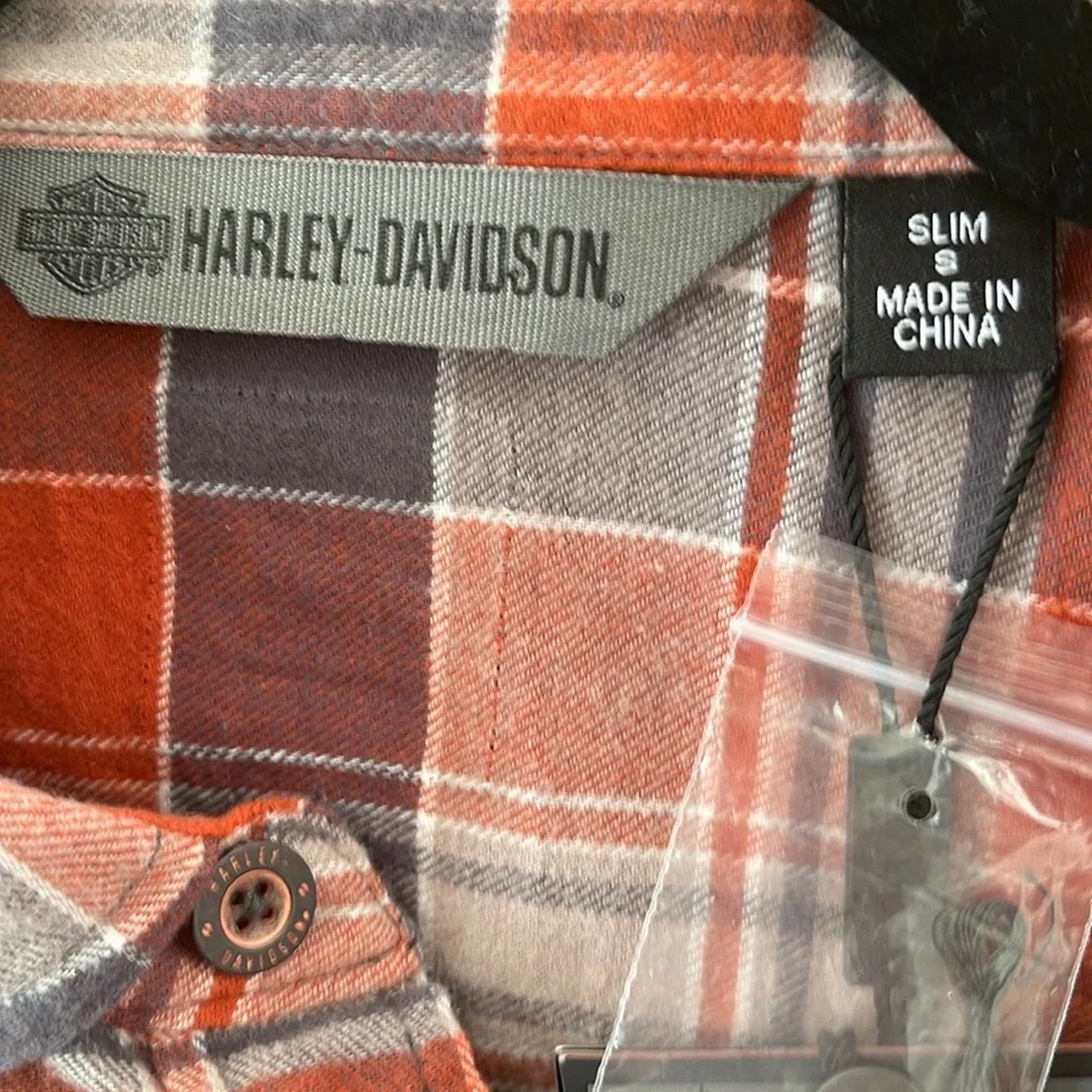 HARLEY-DAVIDSON Men’s Garage Collection Orange Plaid Slim Fit Shirt S - Picture 11 of 13